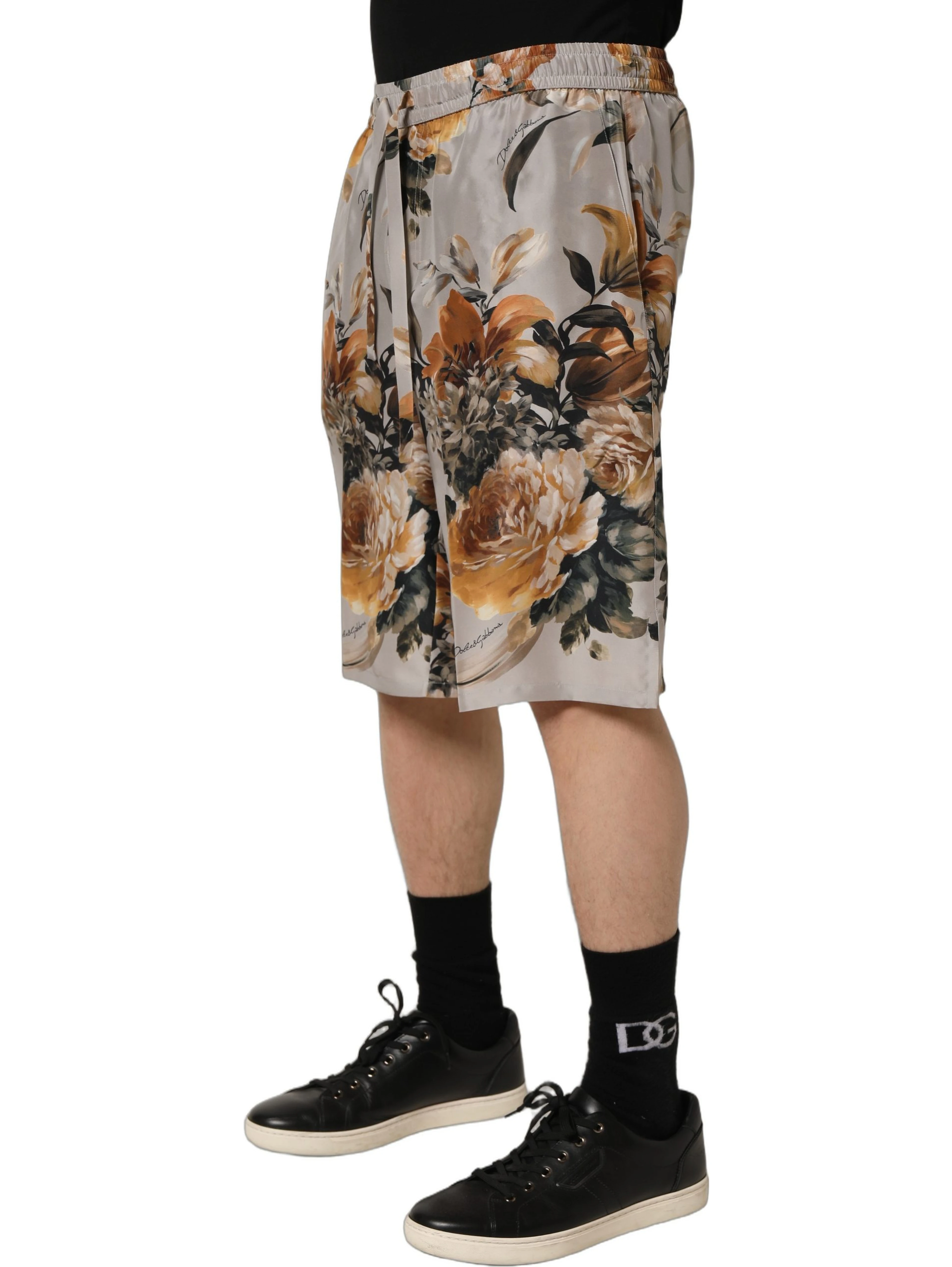 Beige Floral Print Silk Men Bermuda Shorts