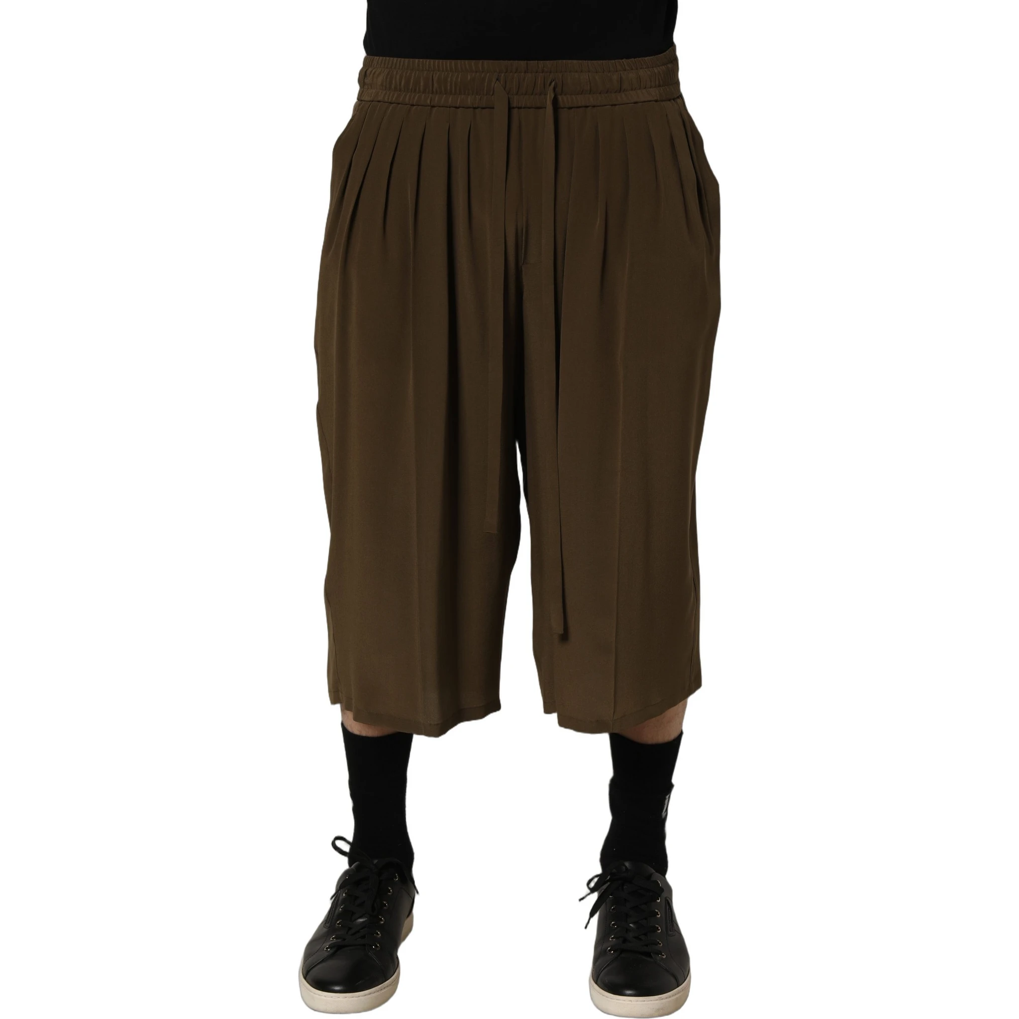 Brown Silk Mid Waist Pleated Bermuda Shorts