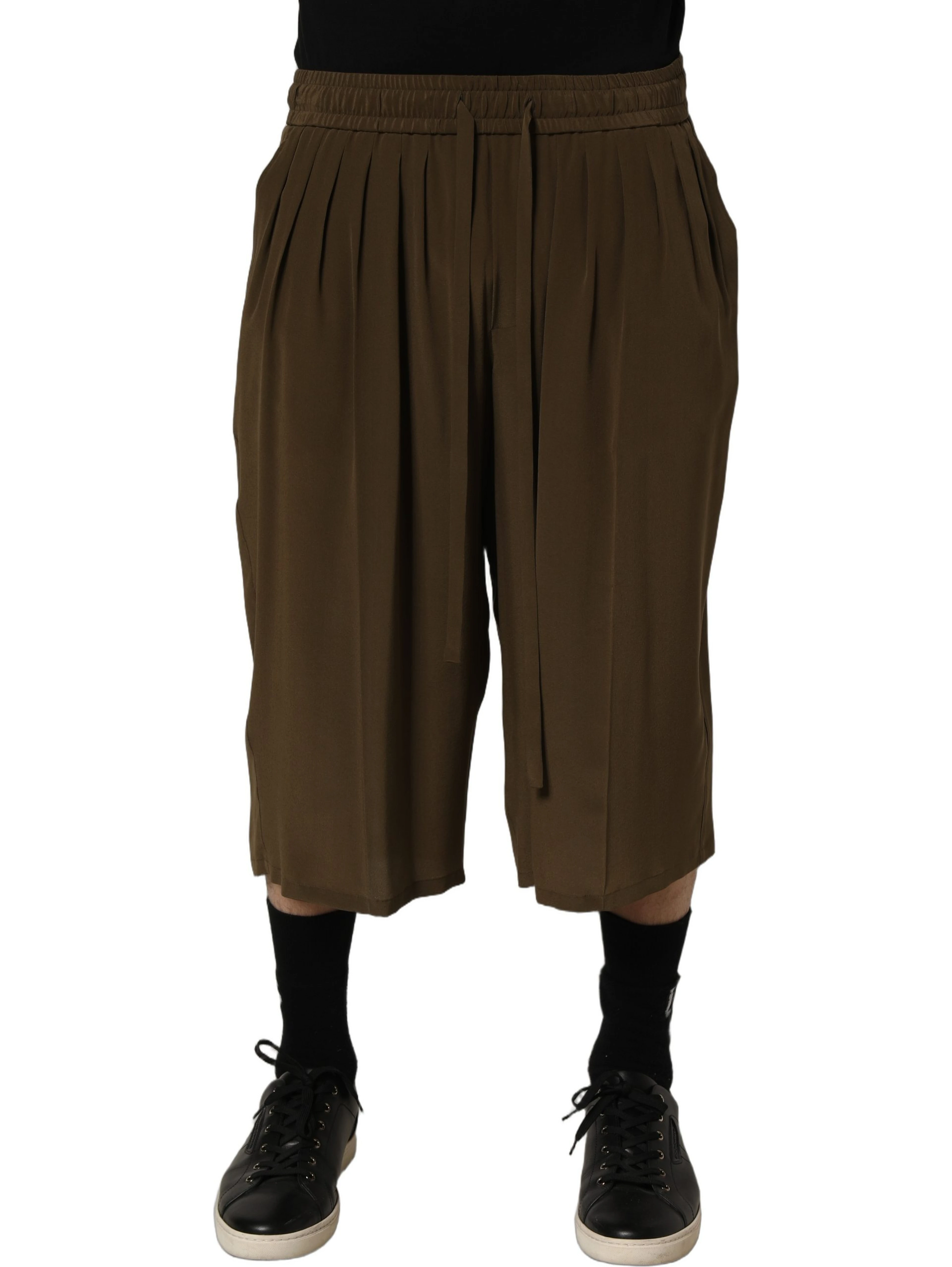 Brown Silk Mid Waist Pleated Bermuda Shorts
