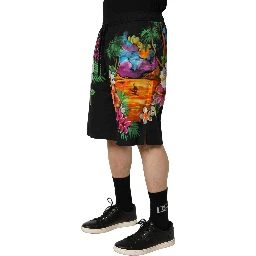 Black Cotton Tropical Floral Bermuda Shorts