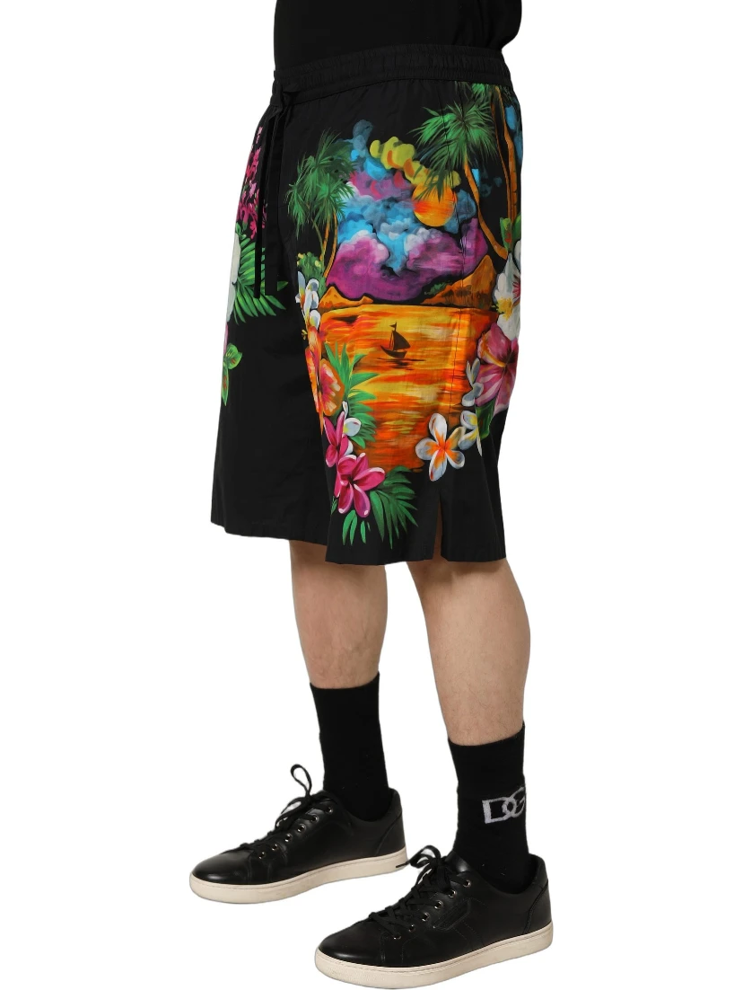 Black Cotton Tropical Floral Bermuda Shorts