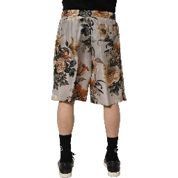 Beige Floral Print Silk Men Bermuda Shorts