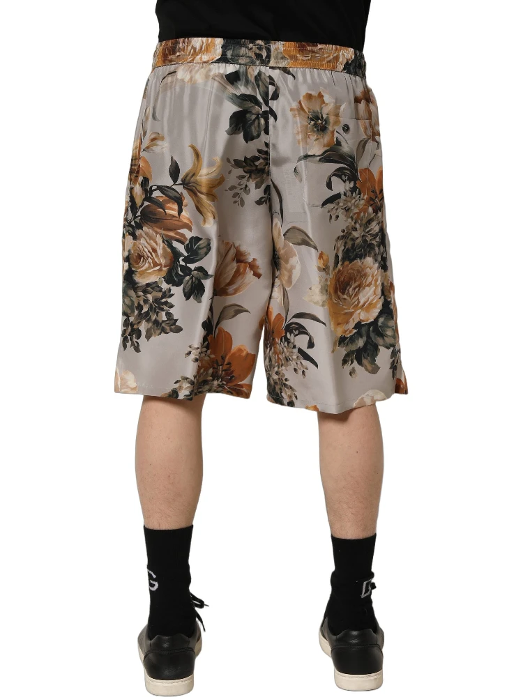 Beige Floral Print Silk Men Bermuda Shorts alternative