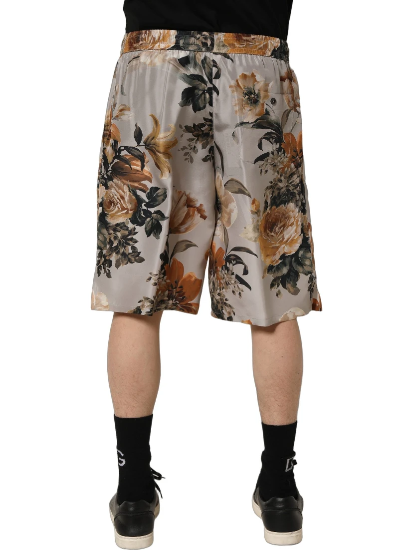 Beige Floral Print Silk Men Bermuda Shorts