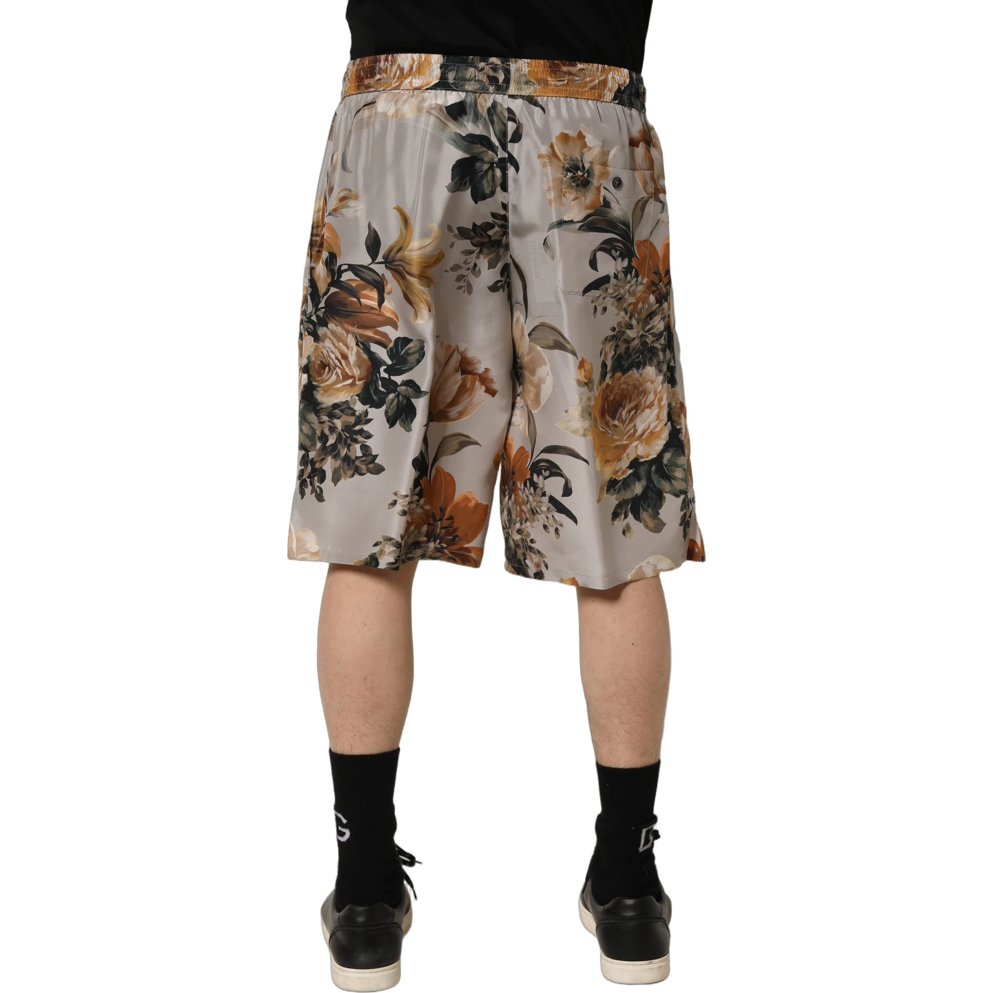 Beige Floral Print Silk Men Bermuda Shorts