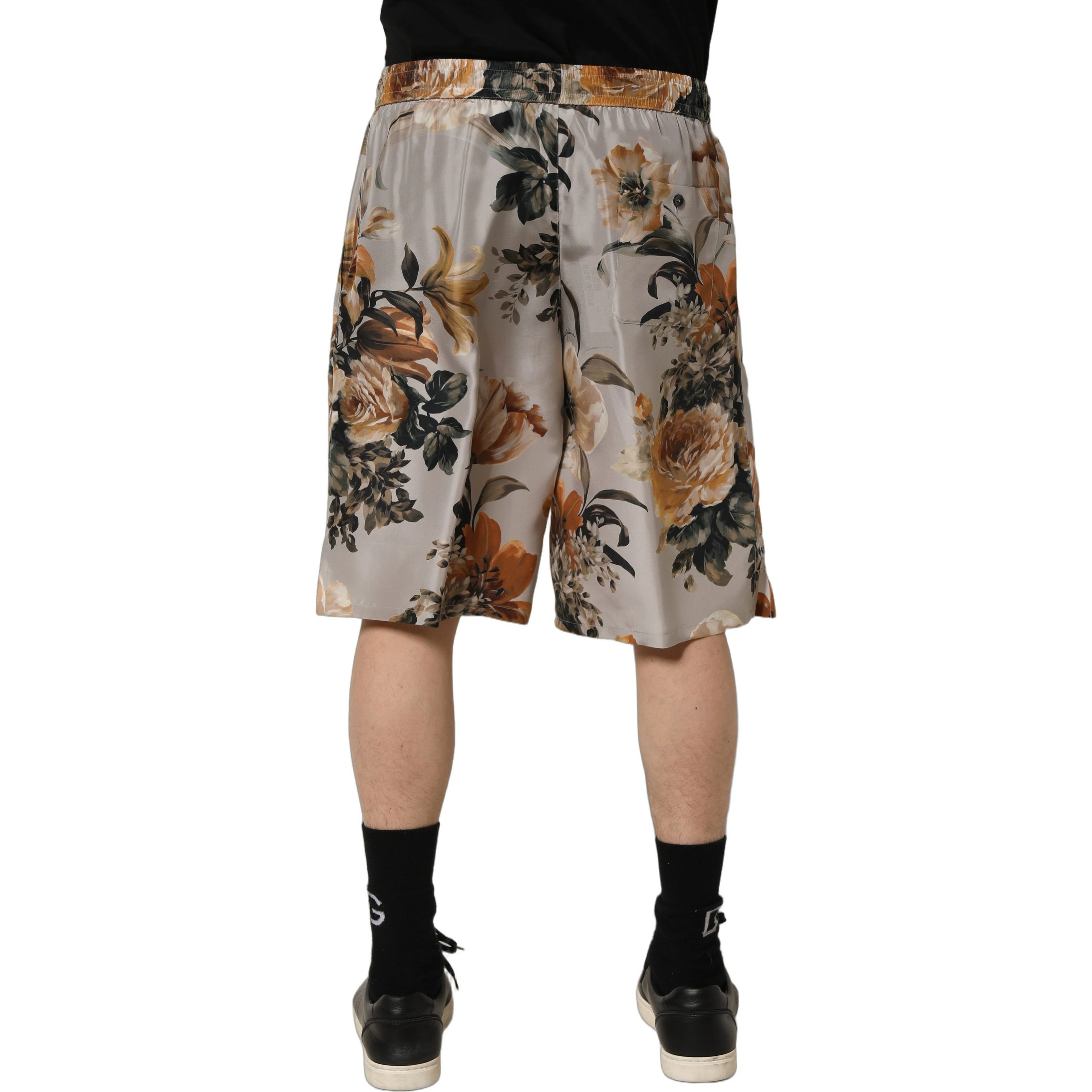 Beige Floral Print Silk Men Bermuda Shorts