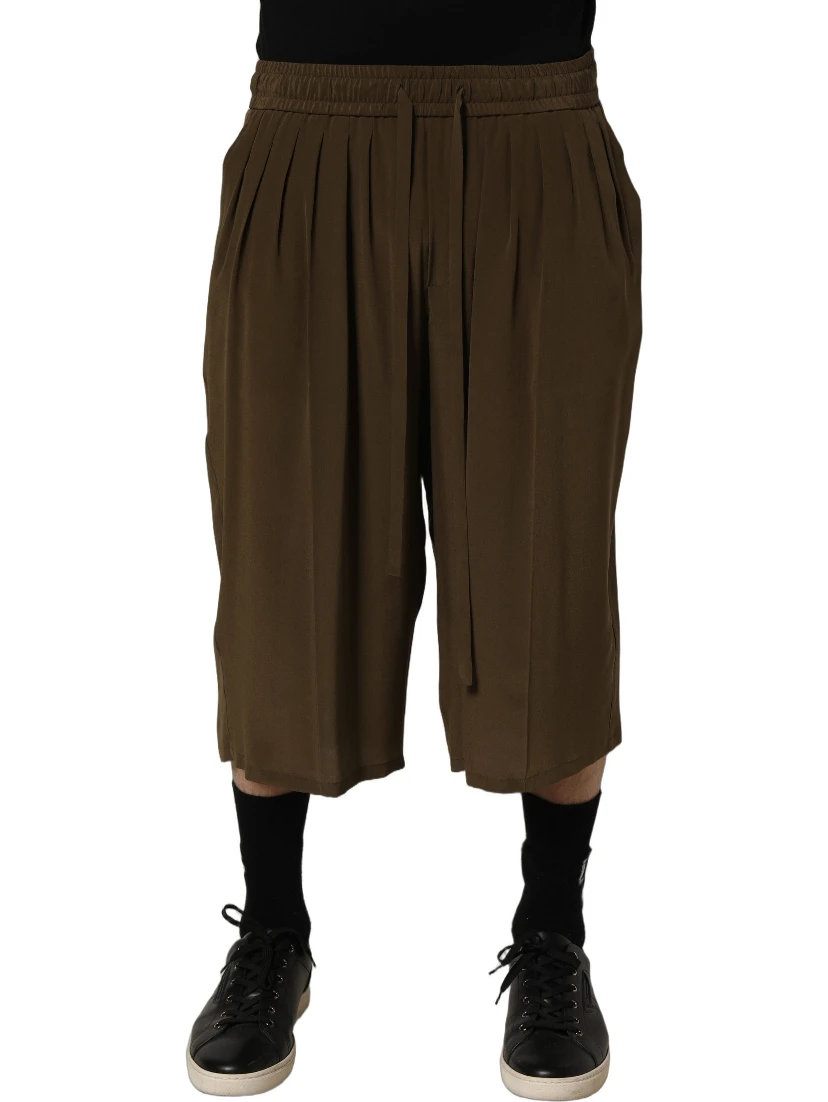 Brown Silk Mid Waist Pleated Bermuda Shorts