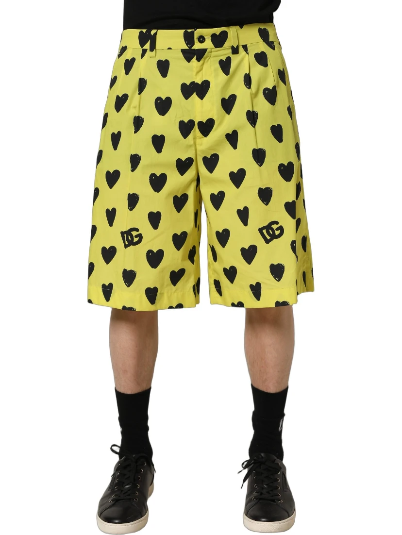 Yellow Cotton Heart Print Men Bermuda Shorts