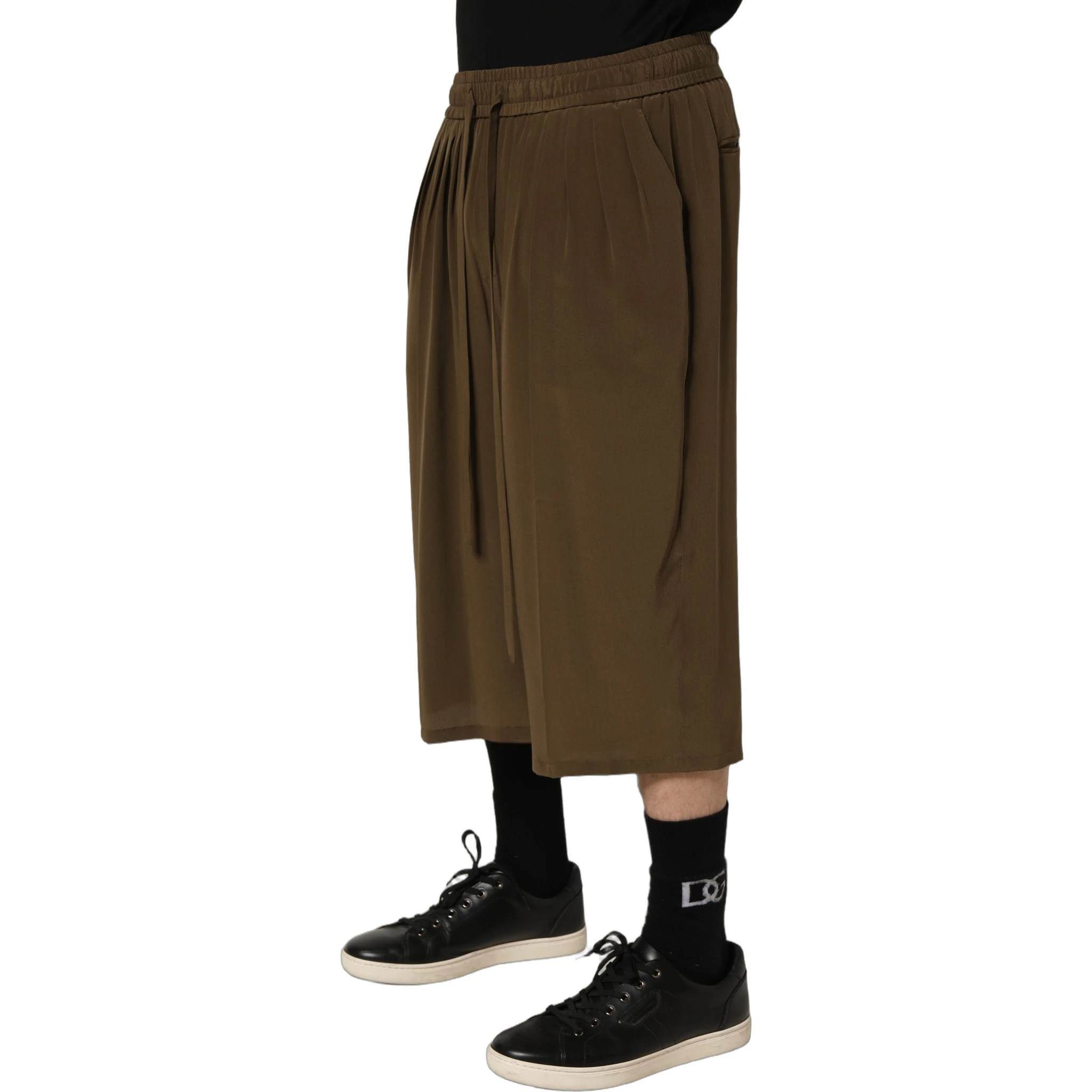 Brown Silk Mid Waist Pleated Bermuda Shorts