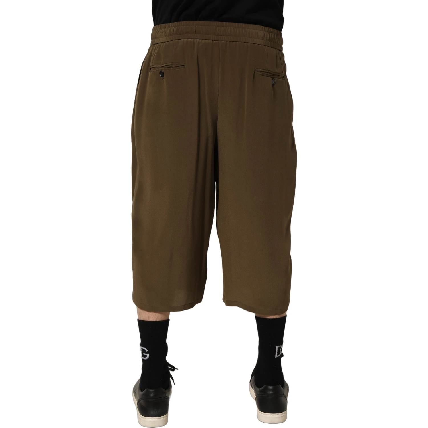 Brown Silk Mid Waist Pleated Bermuda Shorts