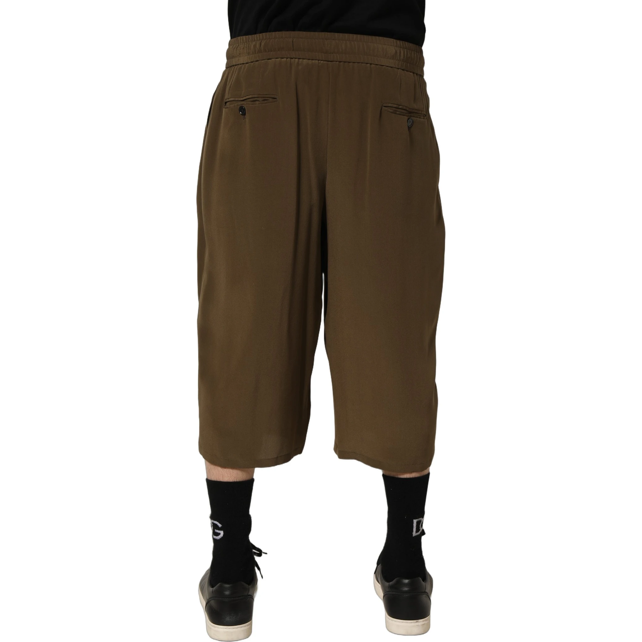 Brown Silk Mid Waist Pleated Bermuda Shorts