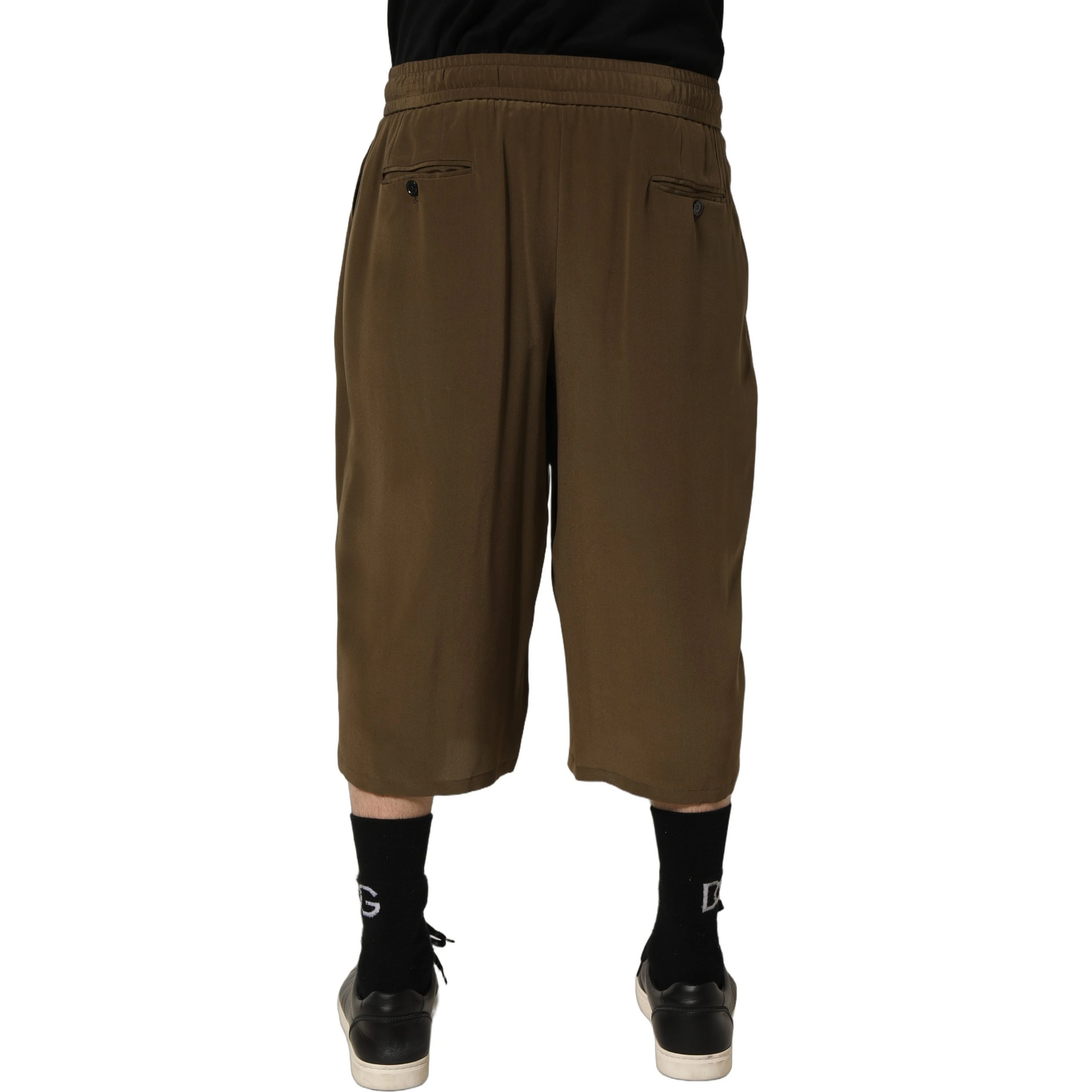 Brown Silk Mid Waist Pleated Bermuda Shorts
