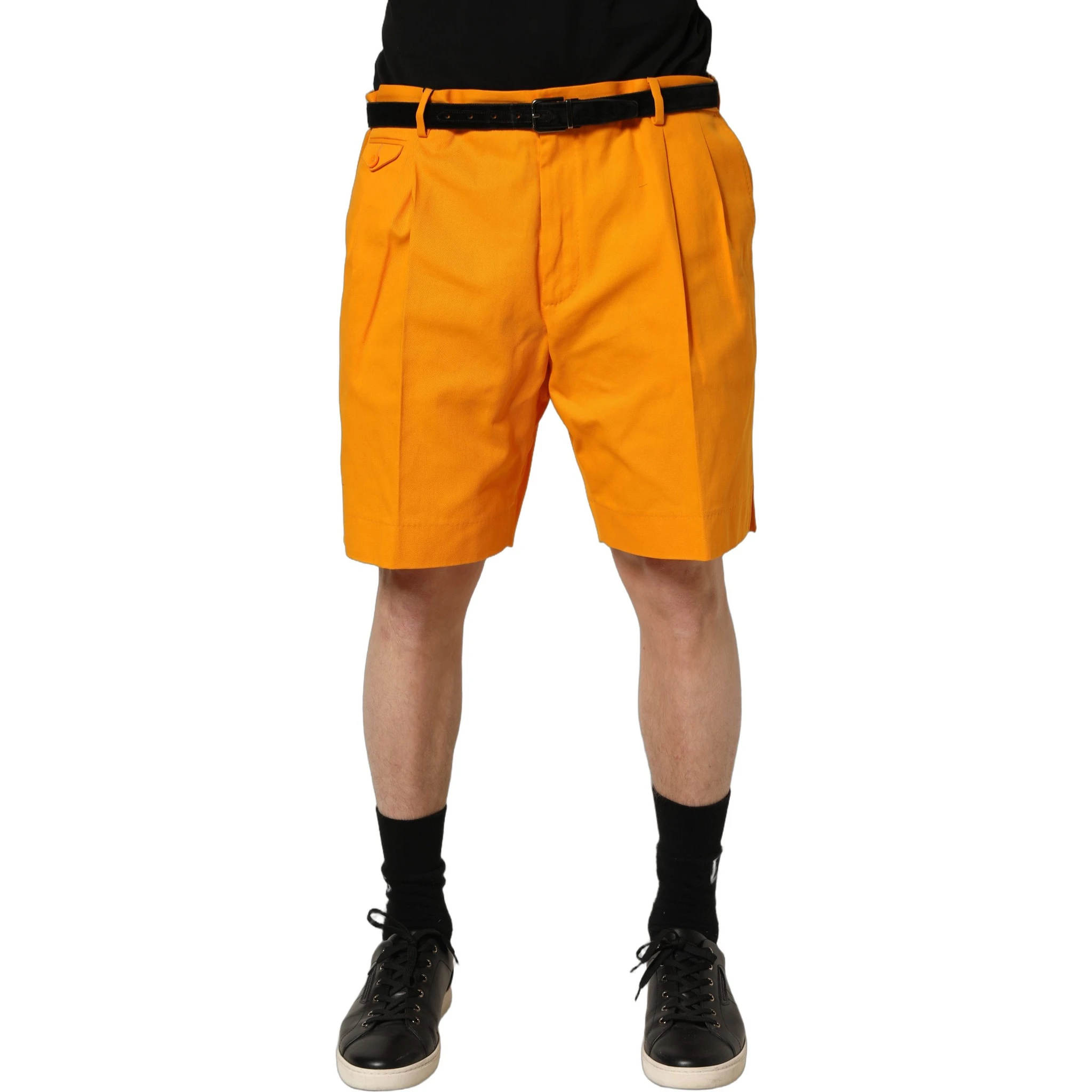 Orange Cotton Pleated Chino Bermuda Shorts