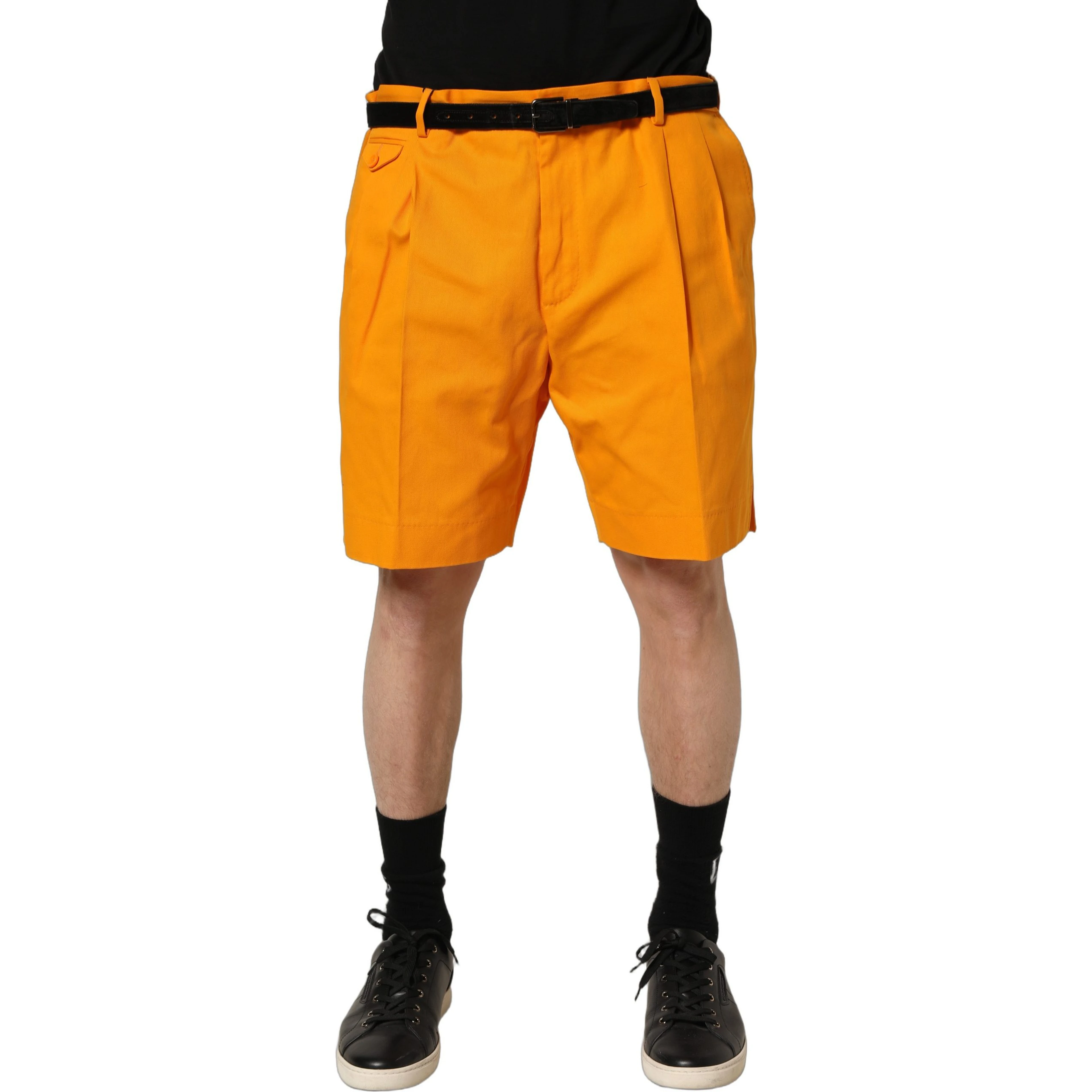 Orange Cotton Pleated Chino Bermuda Shorts