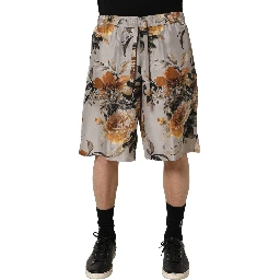 Beige Floral Print Silk Men Bermuda Shorts