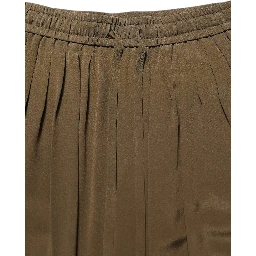 Brown Silk Mid Waist Pleated Bermuda Shorts