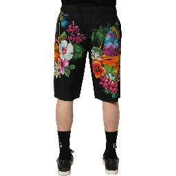 Black Cotton Tropical Floral Bermuda Shorts