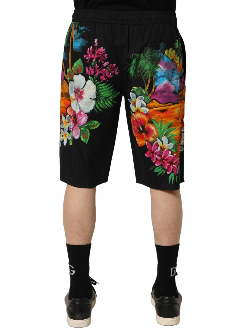 Black Cotton Tropical Floral Bermuda Shorts