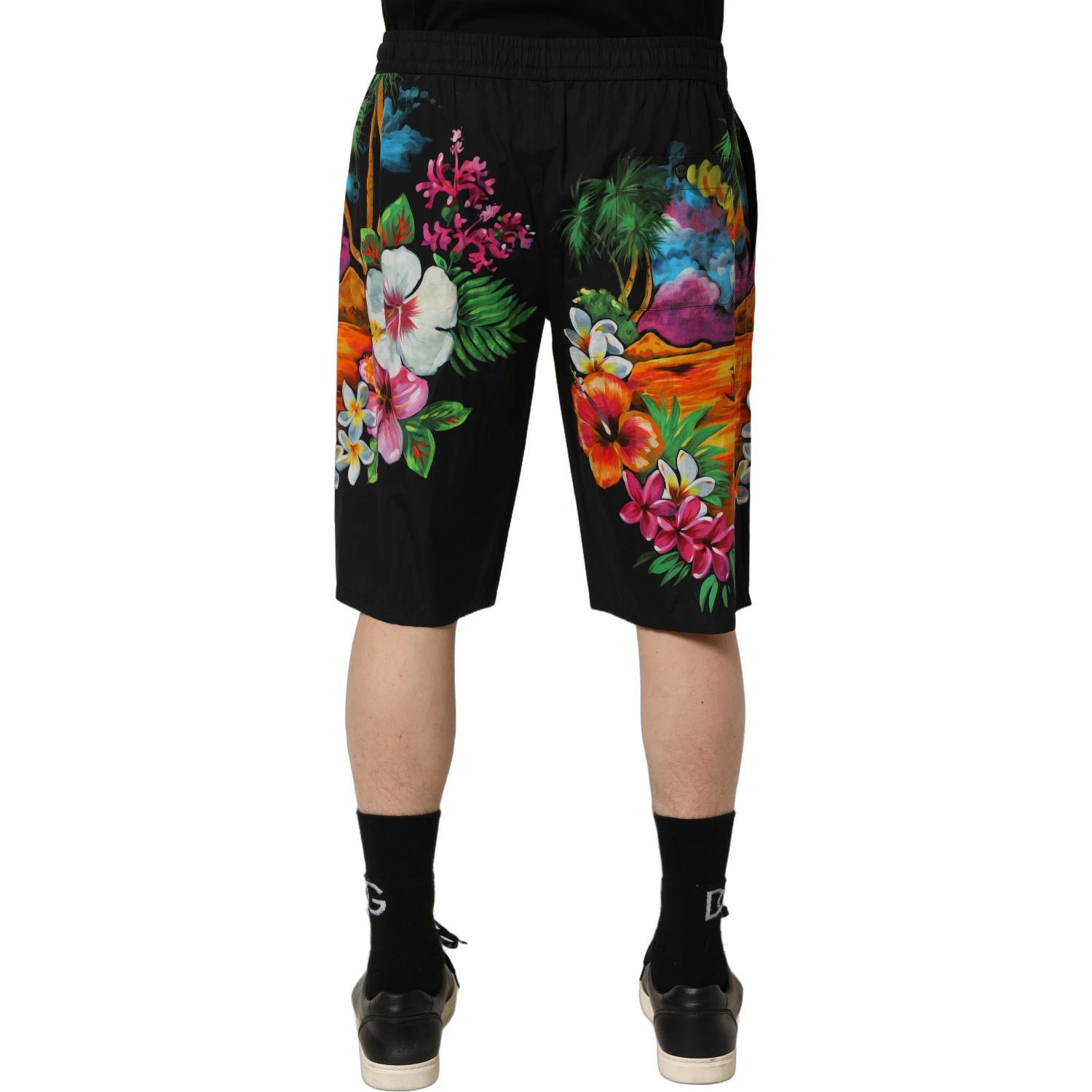 Black Cotton Tropical Floral Bermuda Shorts