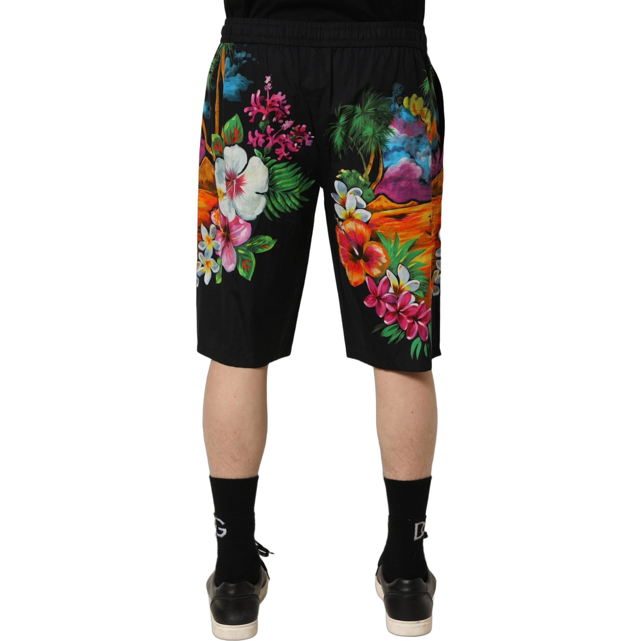 Black Cotton Tropical Floral Bermuda Shorts