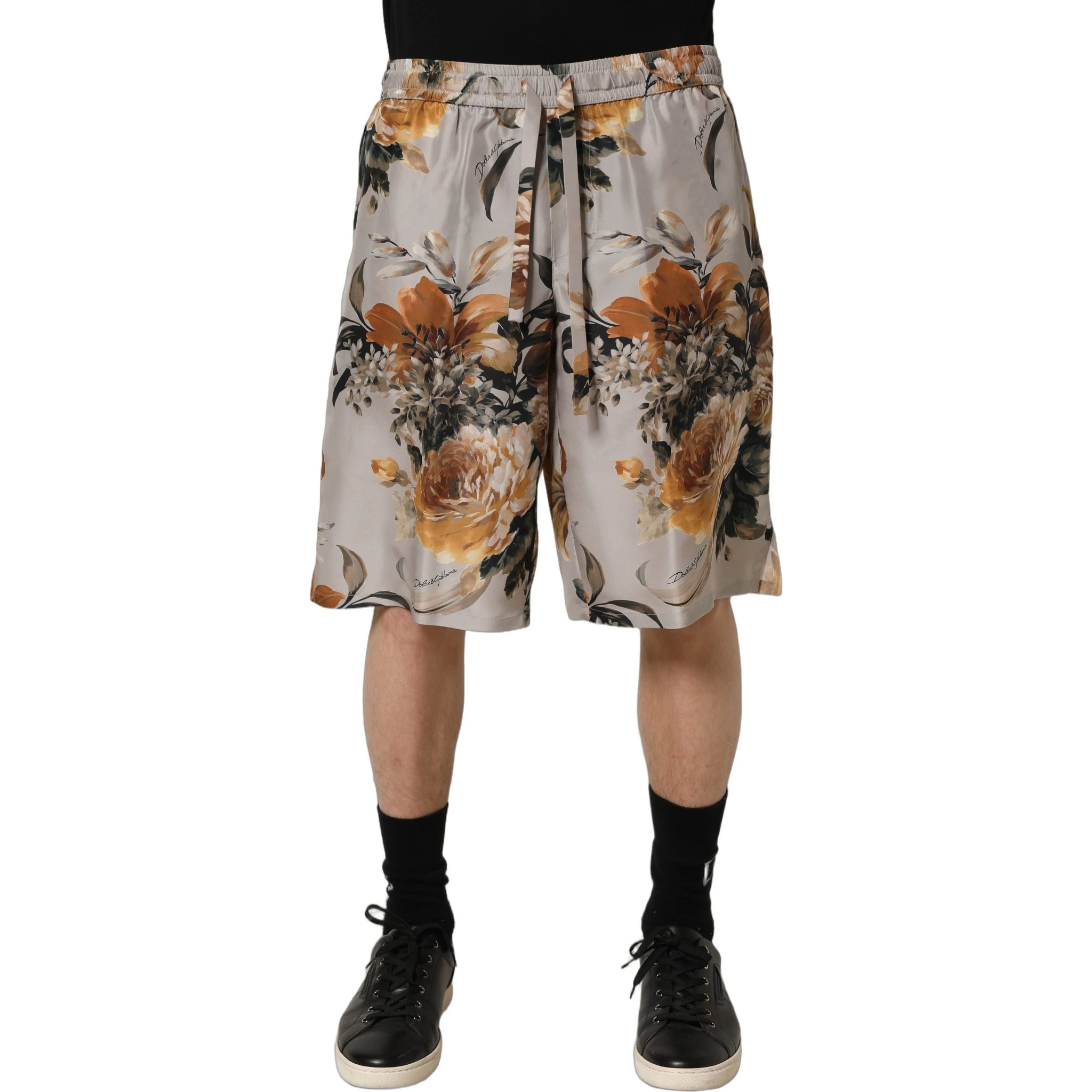Beige Floral Print Silk Men Bermuda Shorts