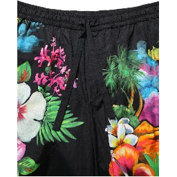 Black Cotton Tropical Floral Bermuda Shorts