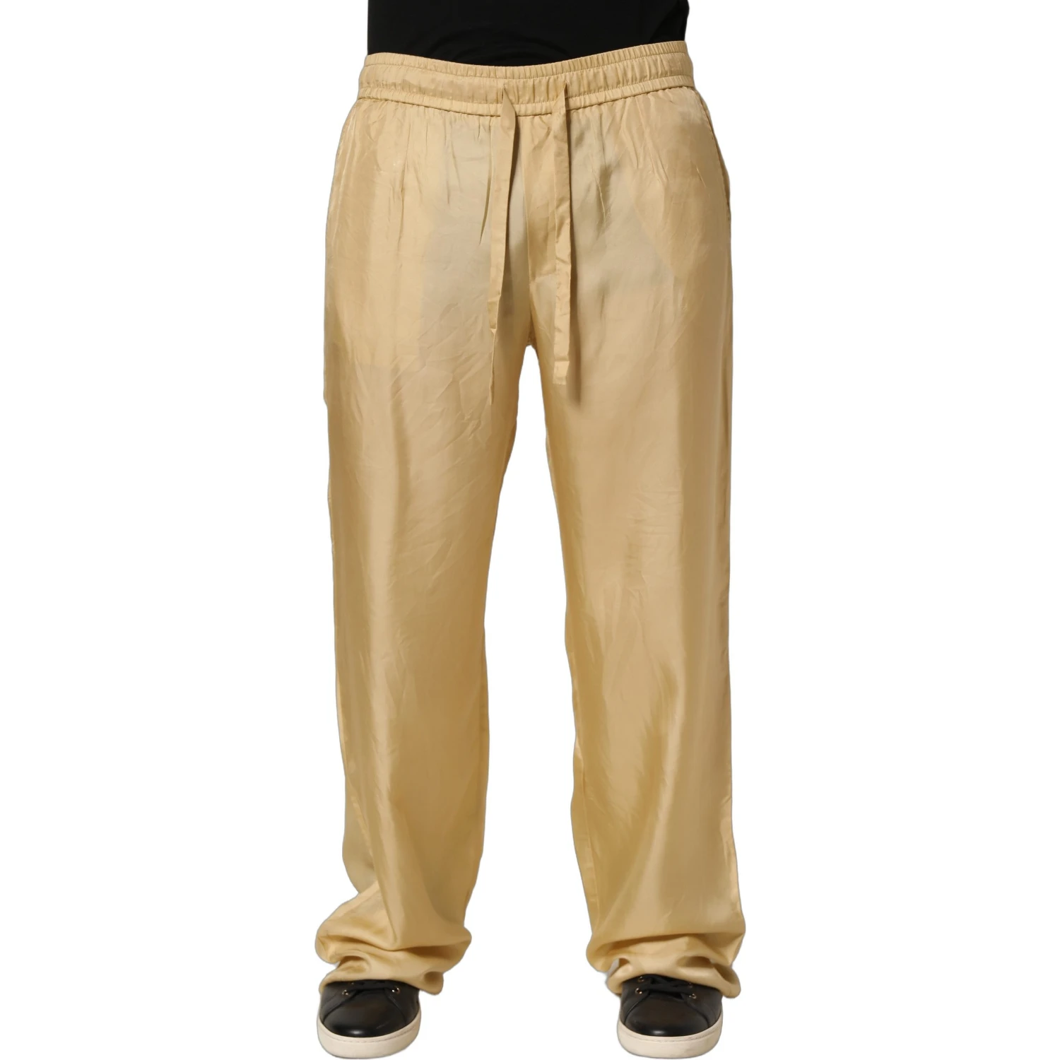 Yellow Straight Silk Mid Waist Chino Trouser Pants
