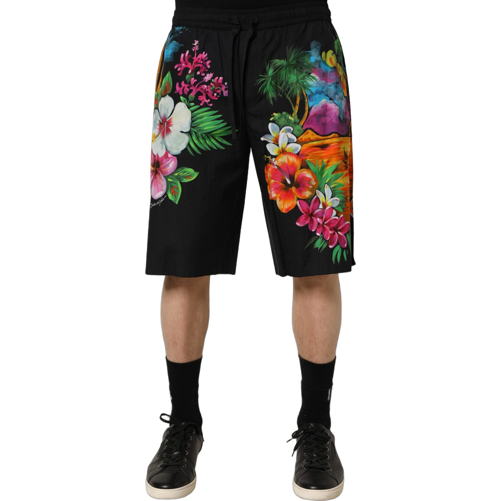 Black Cotton Tropical Floral Bermuda Shorts