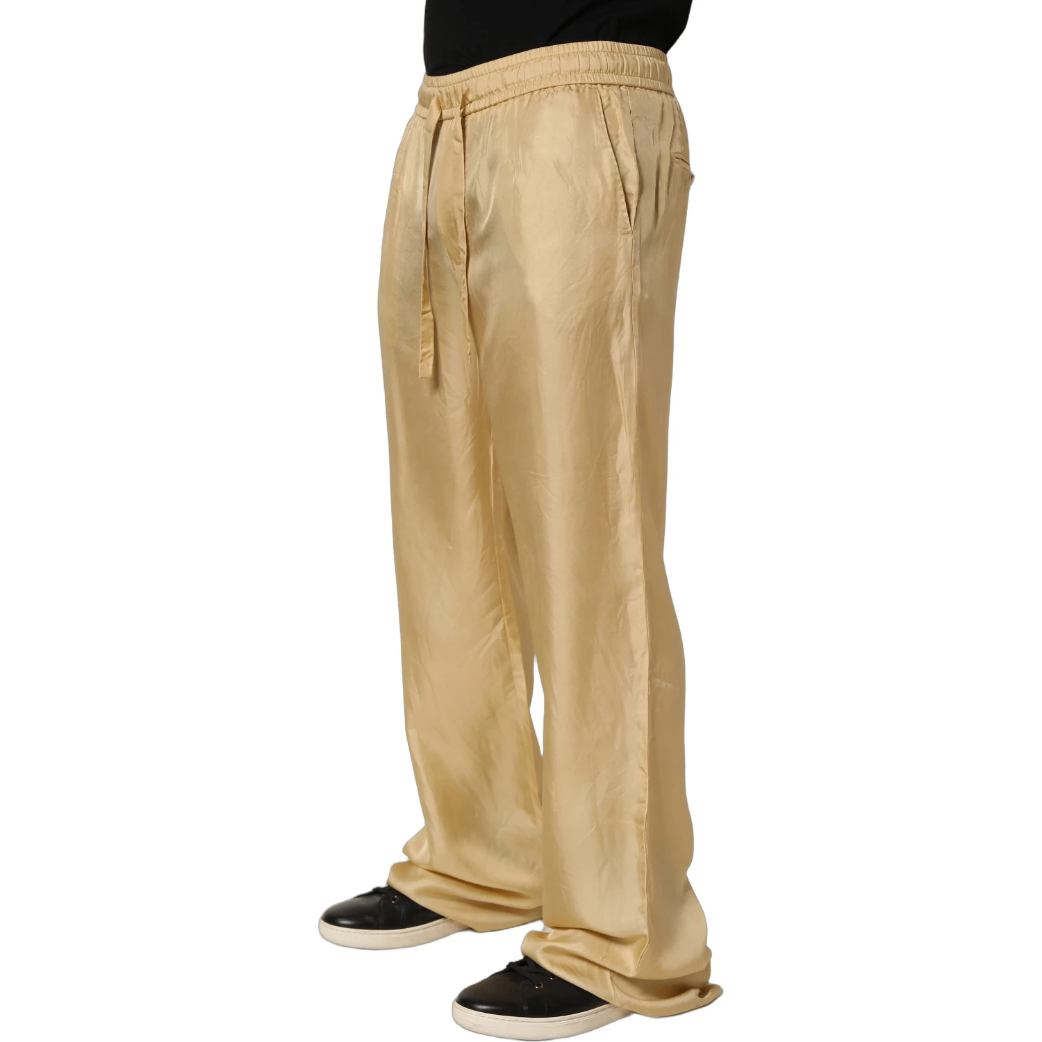 Yellow Straight Silk Mid Waist Chino Trouser Pants