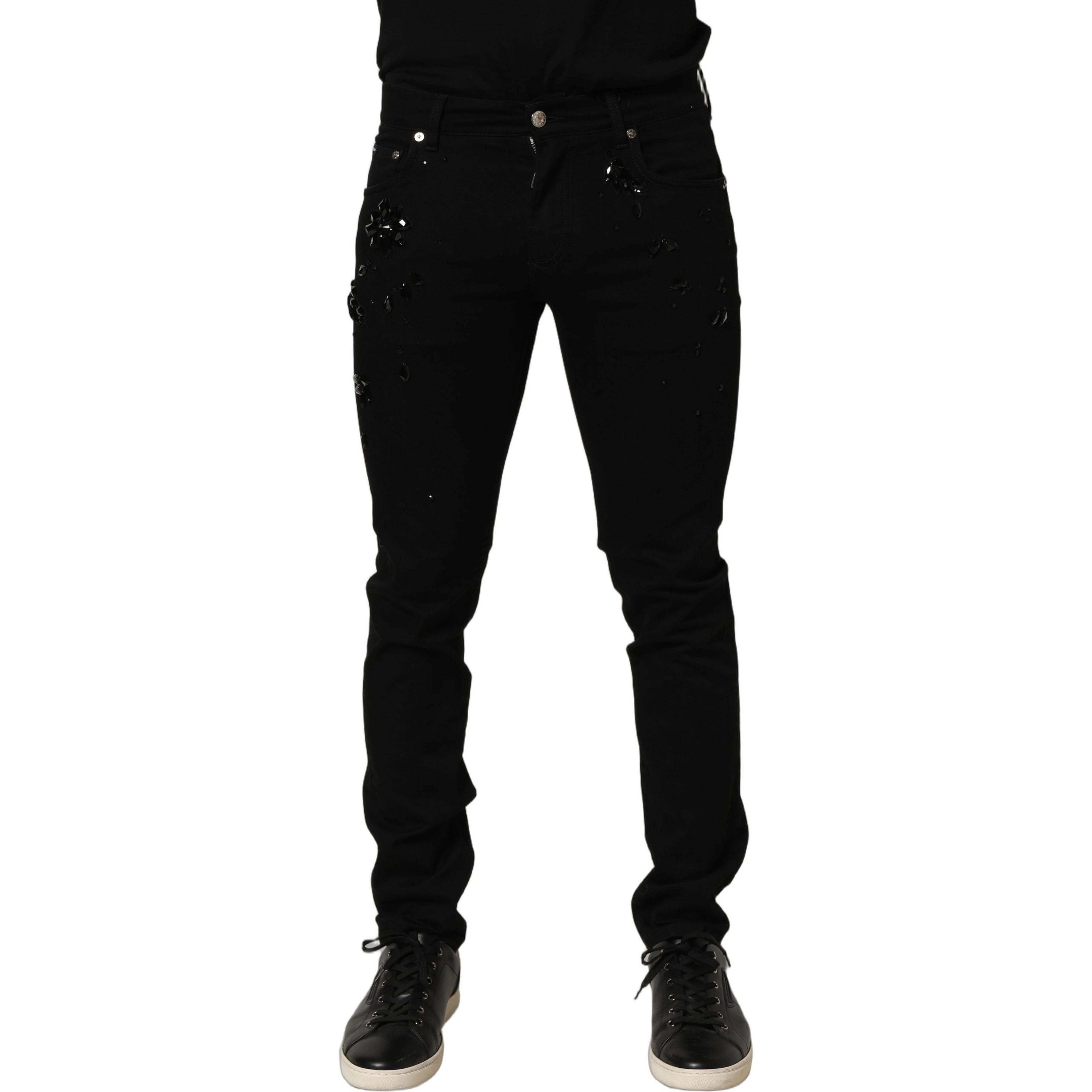 Black Embellished Cotton Skinny Denim Jeans
