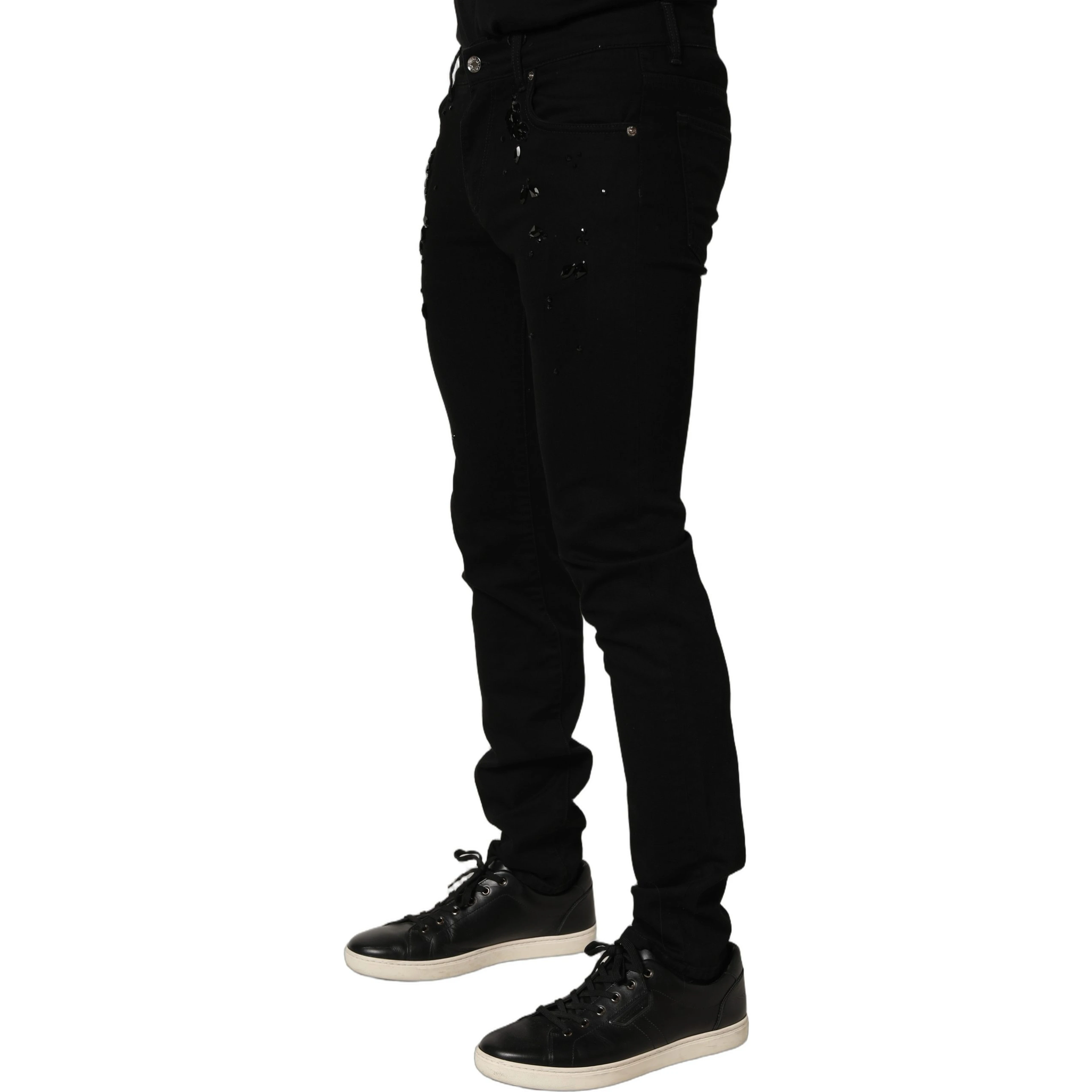 Black Embellished Cotton Skinny Denim Jeans