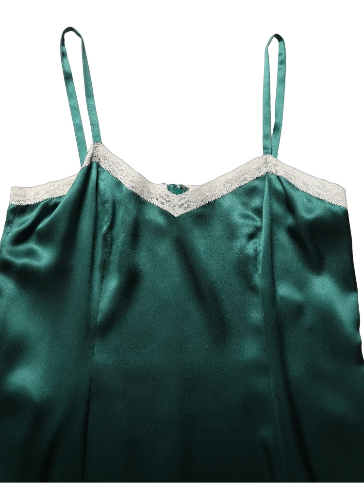 Green Satin Lace Trim Sleeveless Maxi Dress