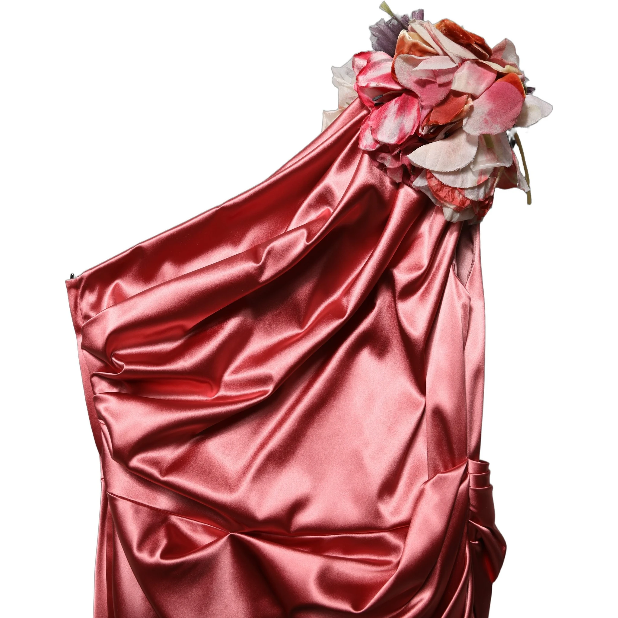 Pink Draped Midi Flower Appliques Dress