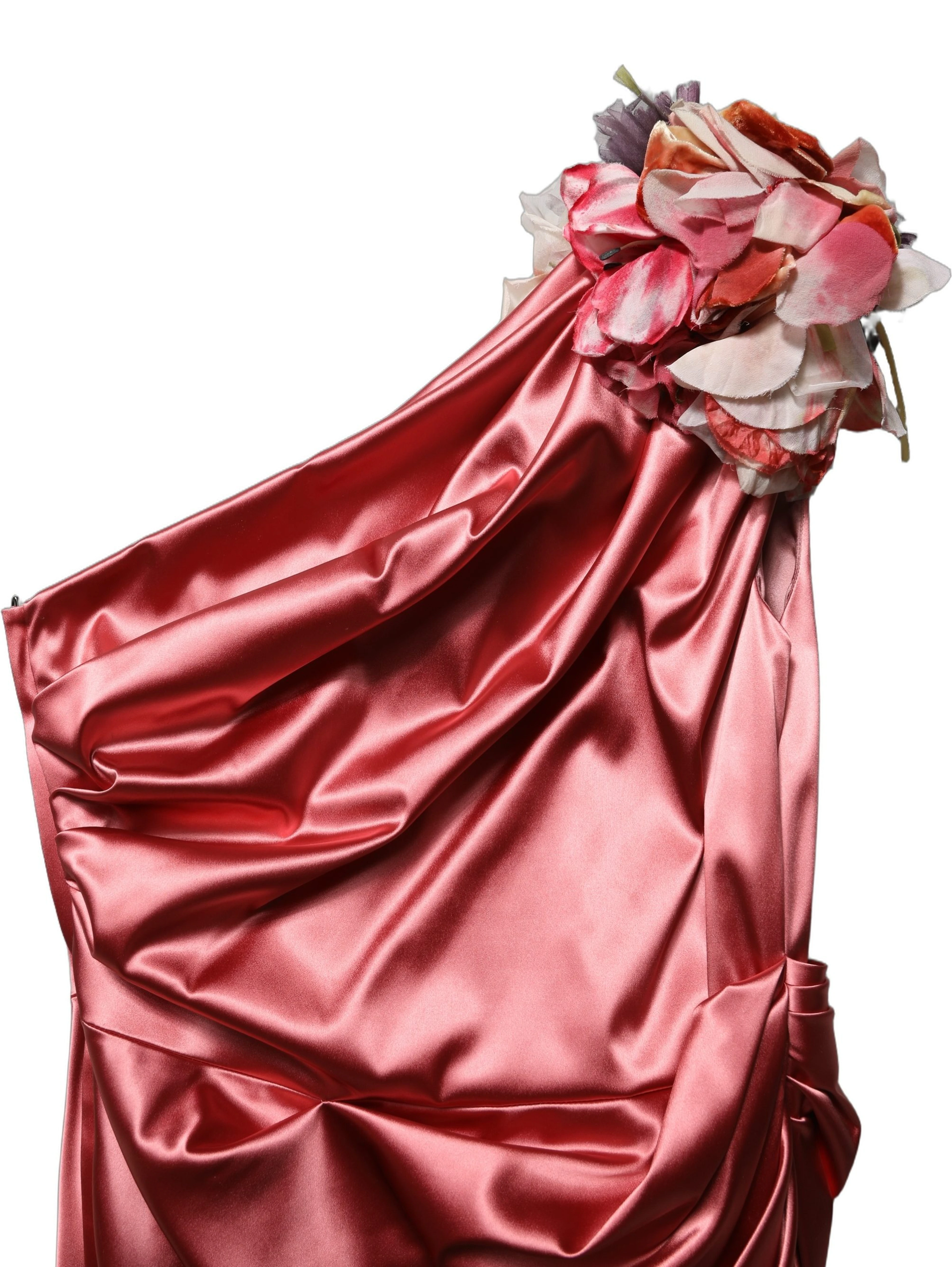 Pink Draped Midi Flower Appliques Dress
