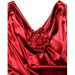 Red Silk Satin Draped Midi Floral Applique Dress