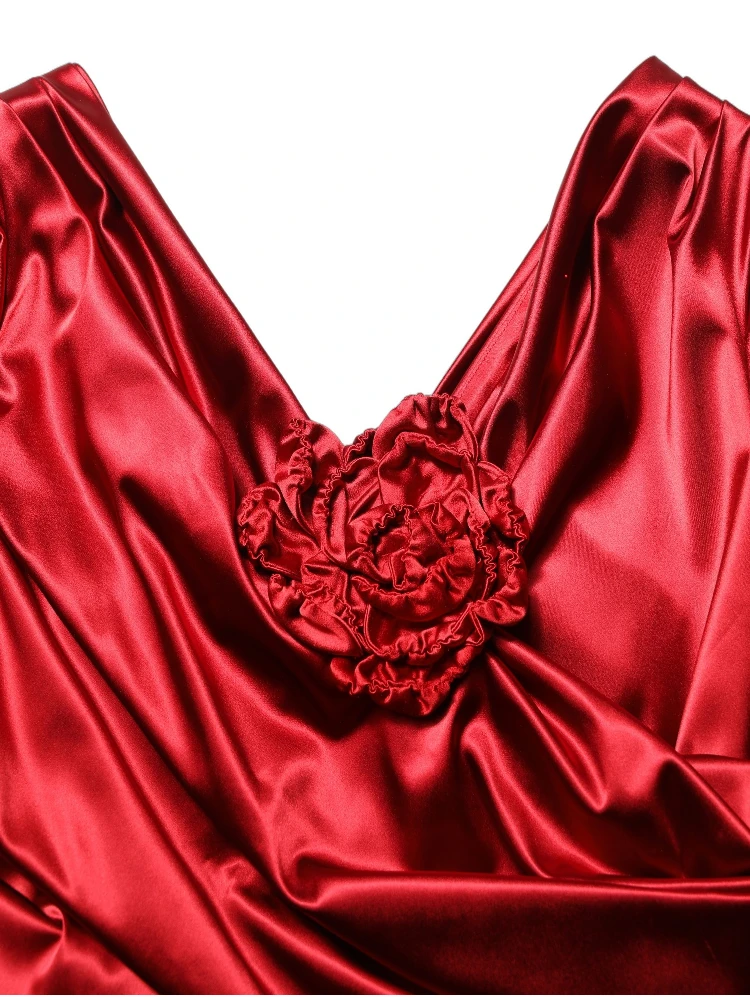 Red Silk Satin Draped Midi Floral Applique Dress
