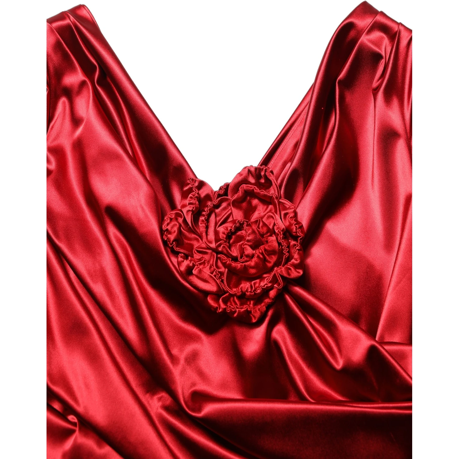 Red Silk Satin Draped Midi Floral Applique Dress