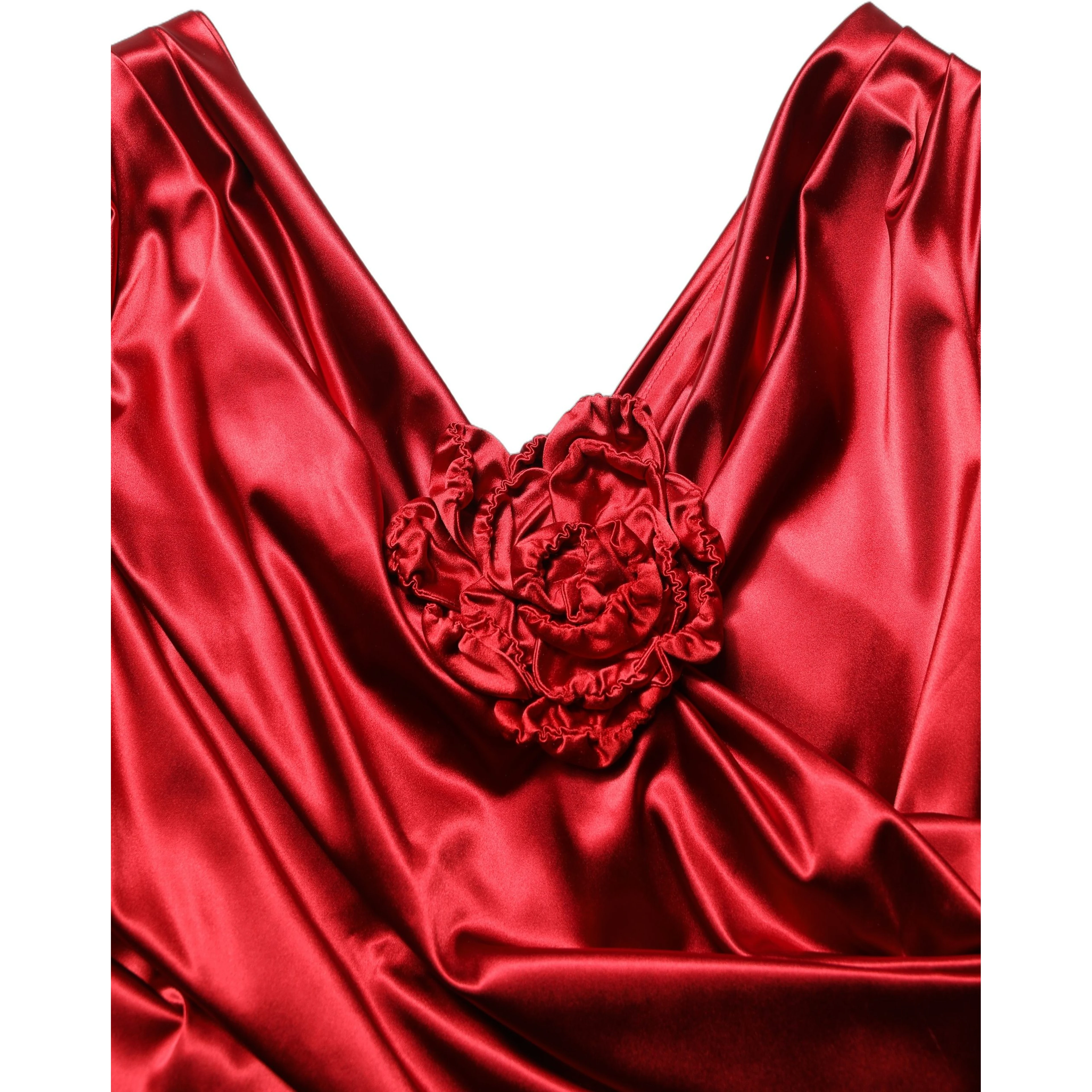 Red Silk Satin Draped Midi Floral Applique Dress