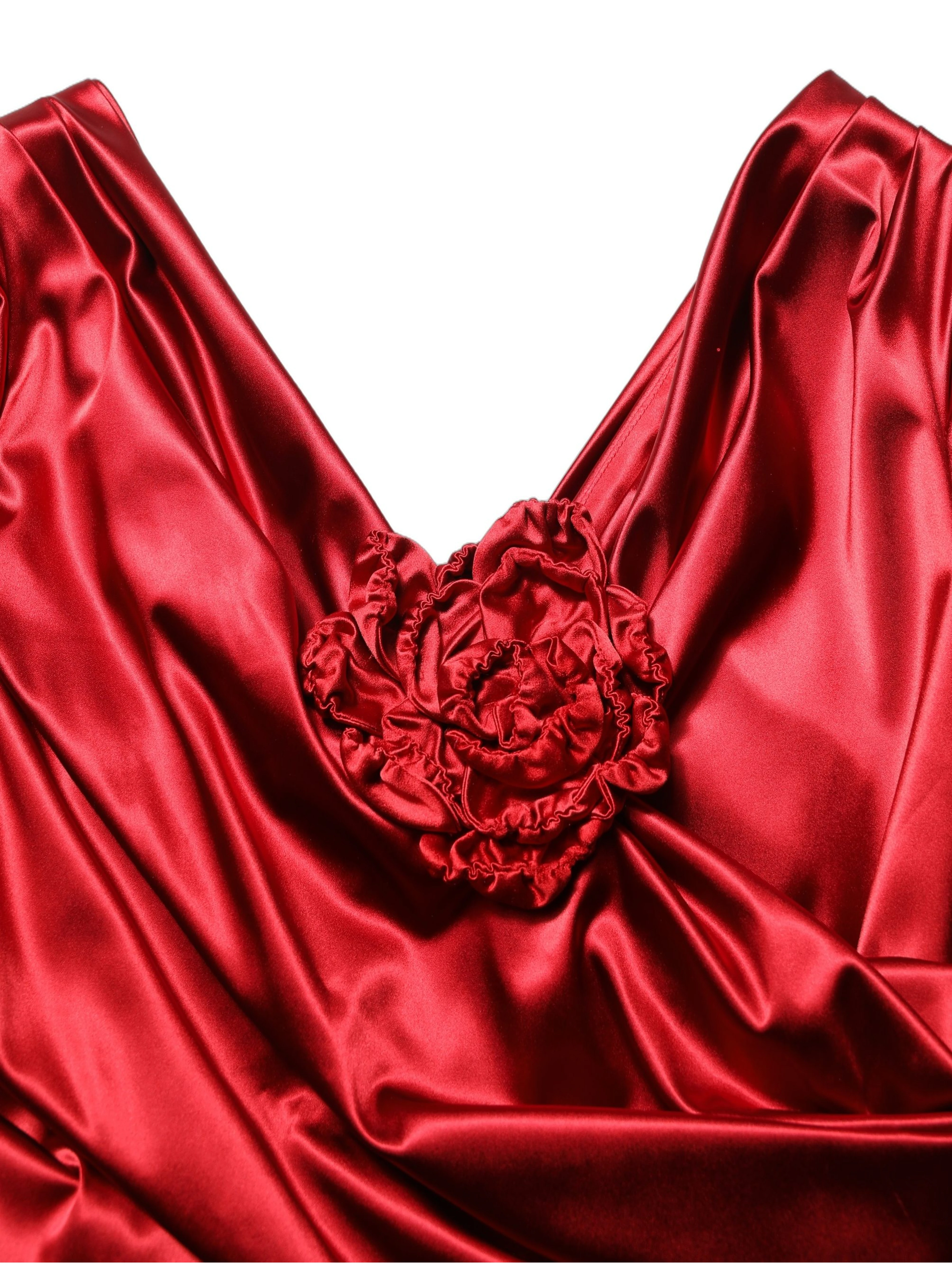 Red Silk Satin Draped Midi Floral Applique Dress