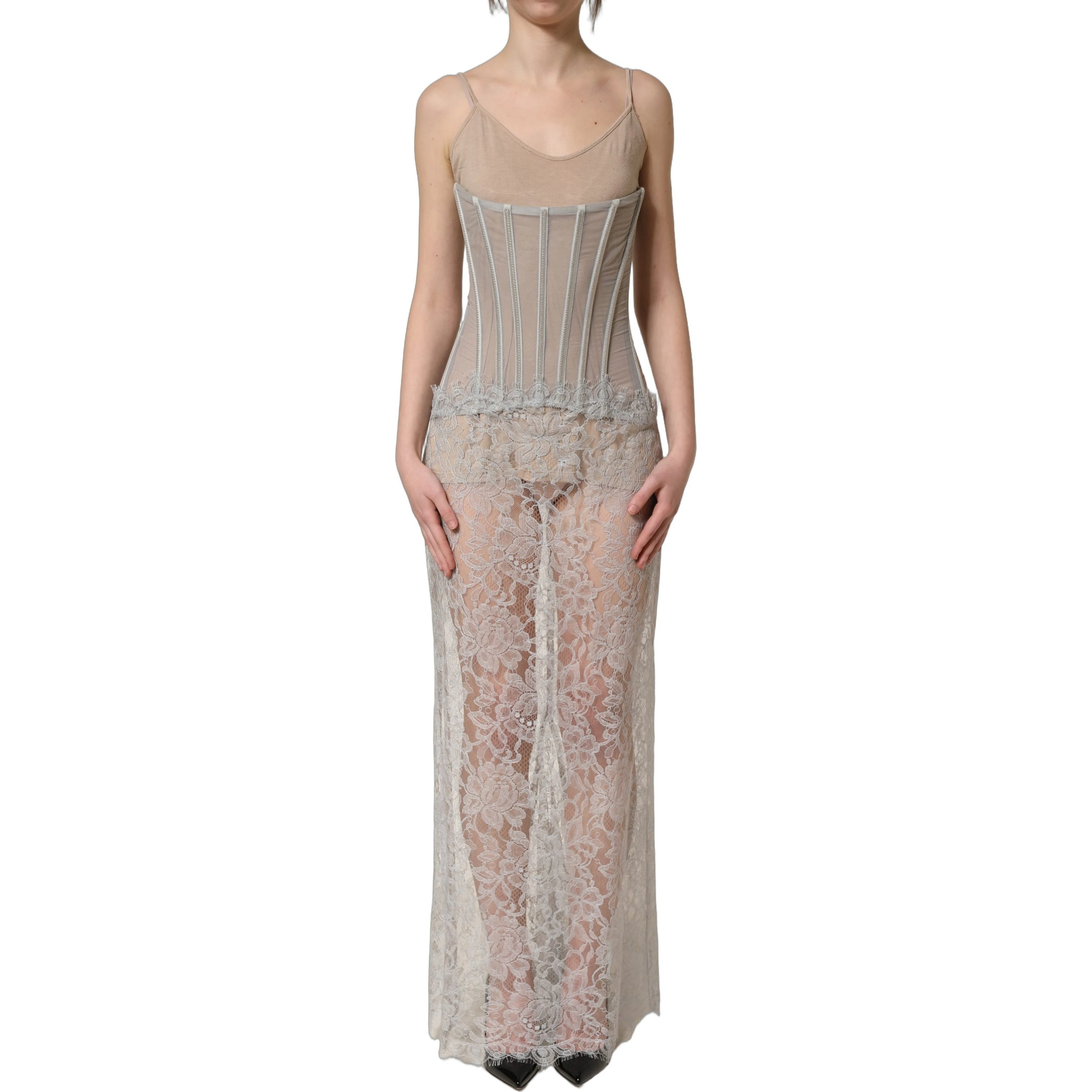 Gray Lace Corset Style Bodice Maxi Dress