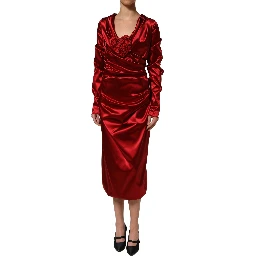 Red Silk Satin Draped Midi Floral Applique Dress