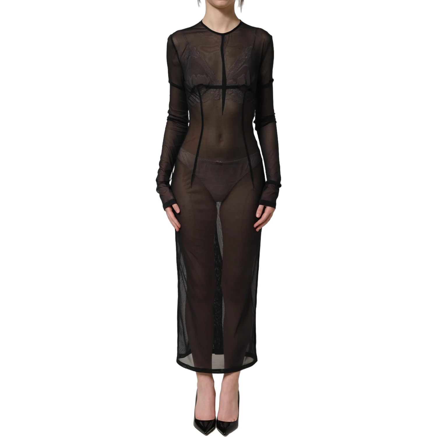 Black Long Sleeve Sheer Fitted Maxi Dress