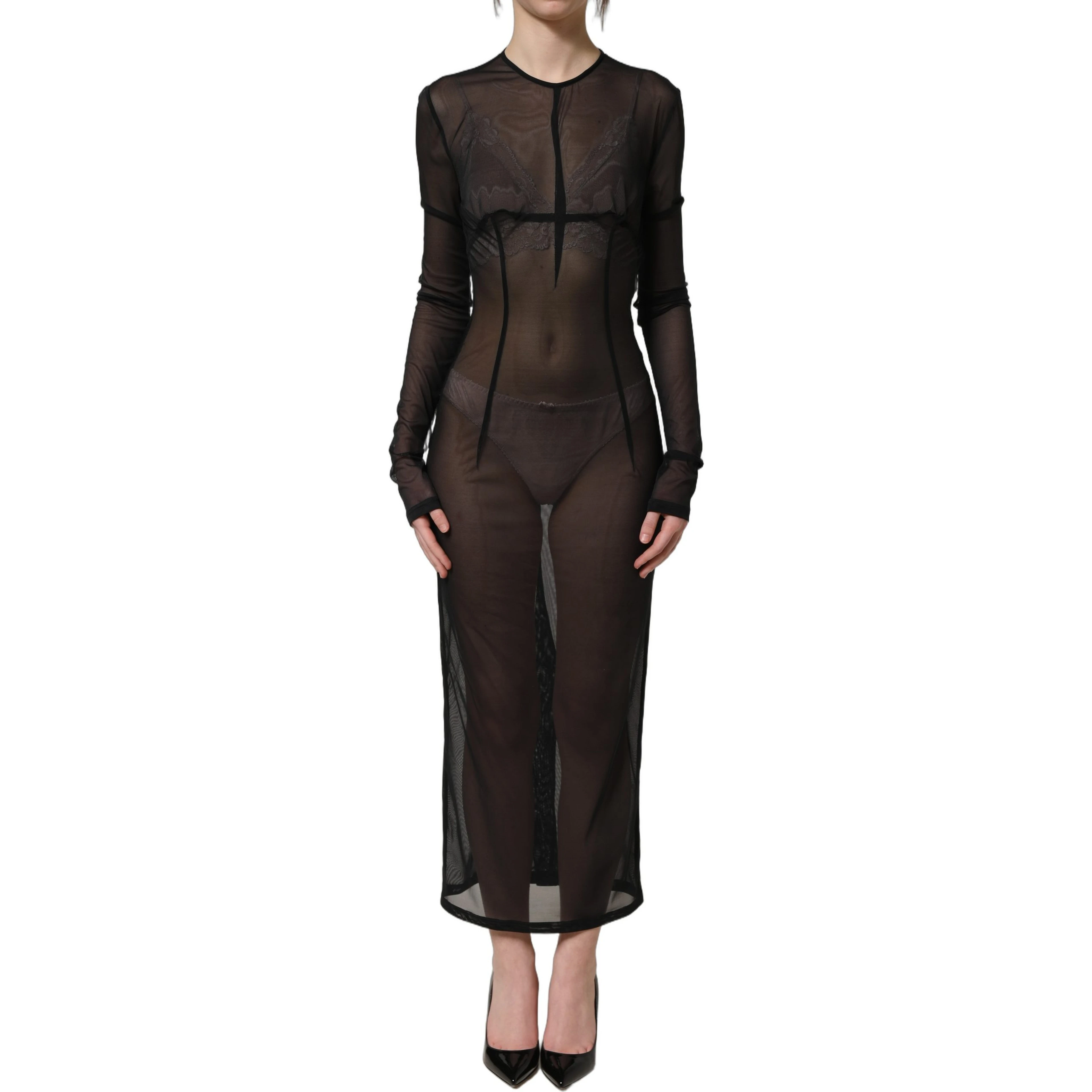 Black Long Sleeve Sheer Fitted Maxi Dress