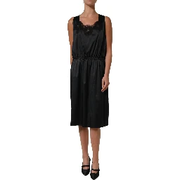 Black Polyester LaceTrim Sheath Midi Dress