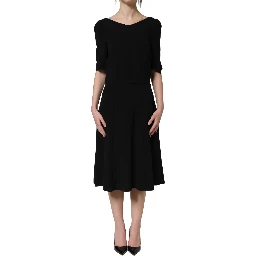 Black Viscose Short Sleeve A-line Midi Dress