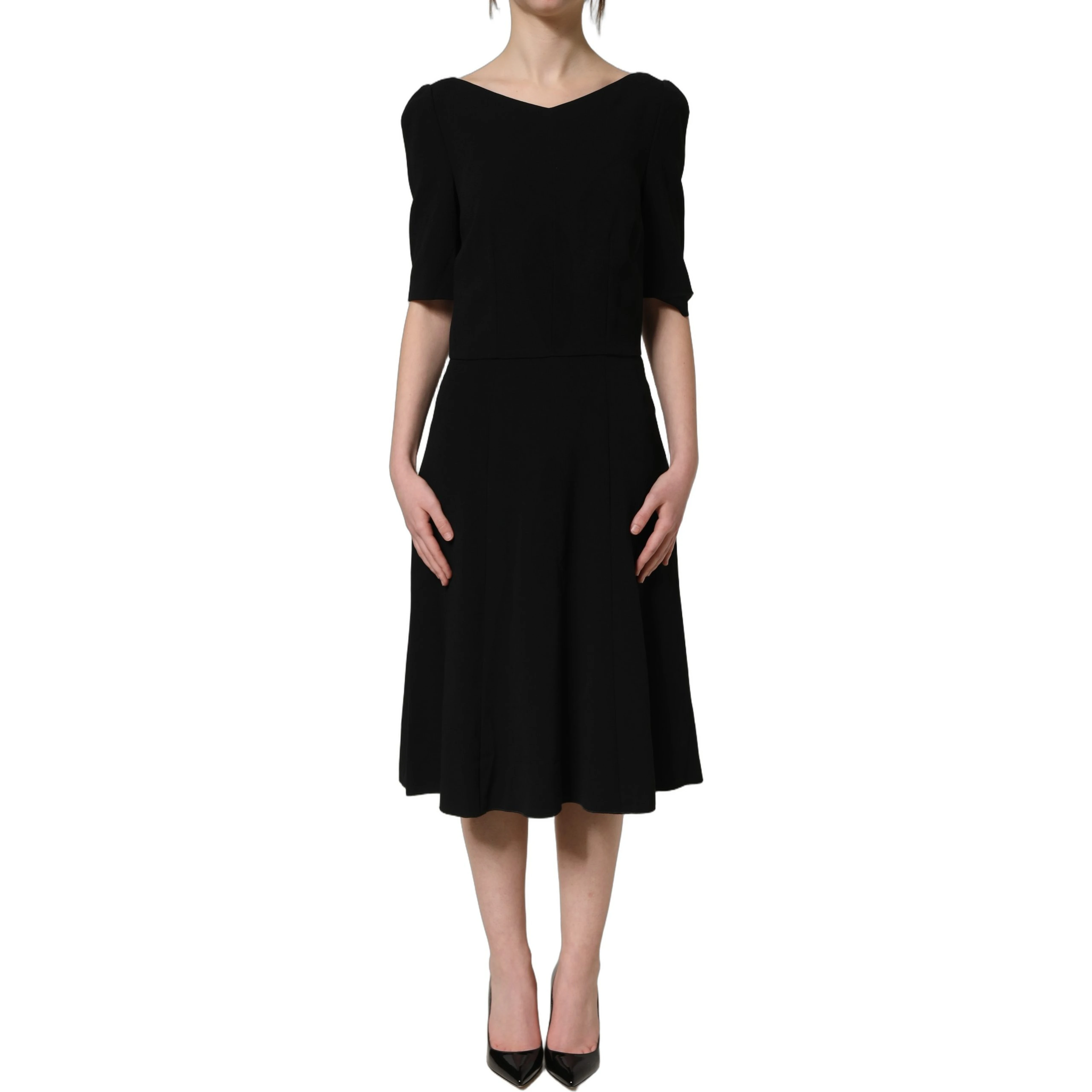 Black Viscose Short Sleeve A-line Midi Dress