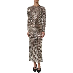 Beige Crystal Embellished Long Gown Dress