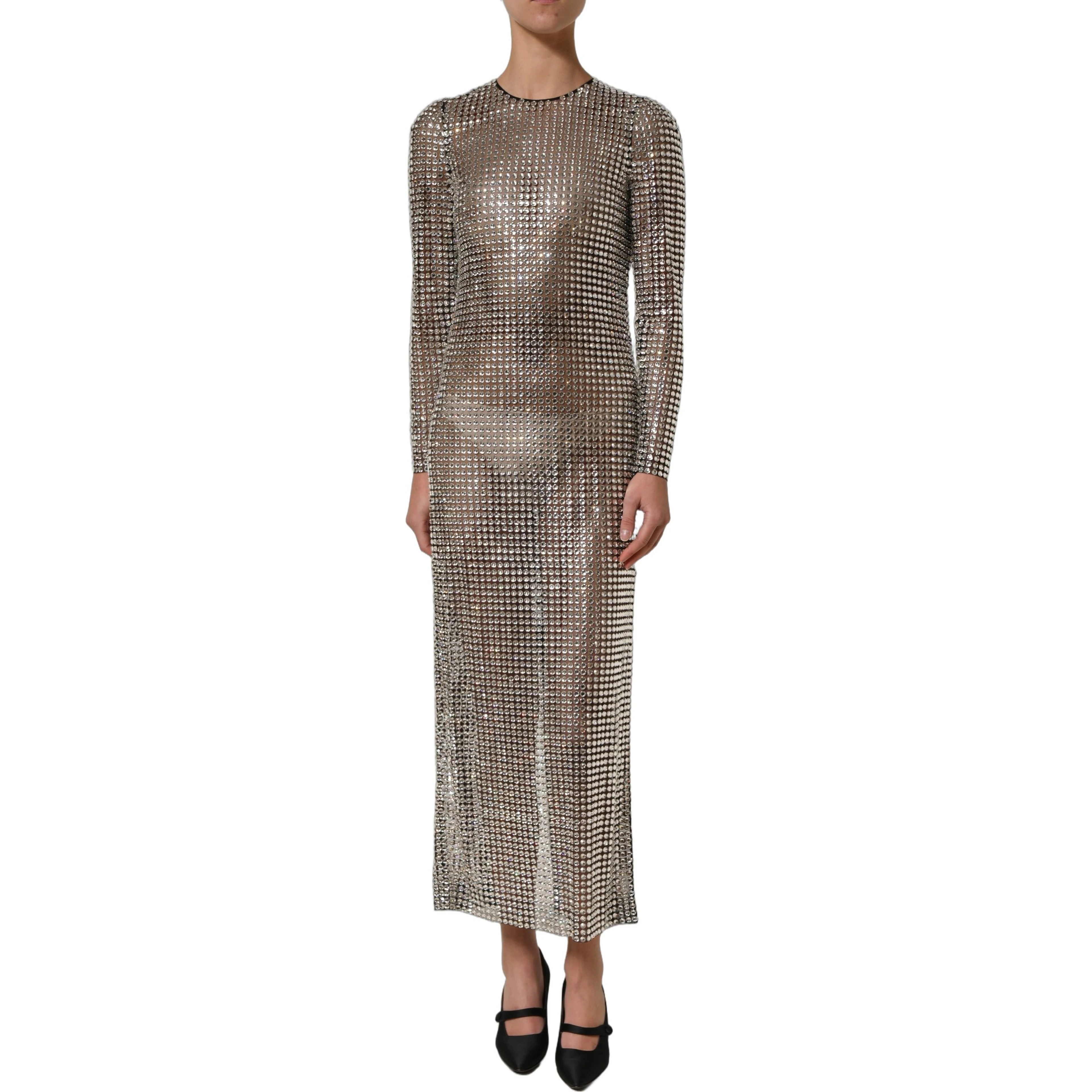 Beige Crystal Embellished Long Gown Dress