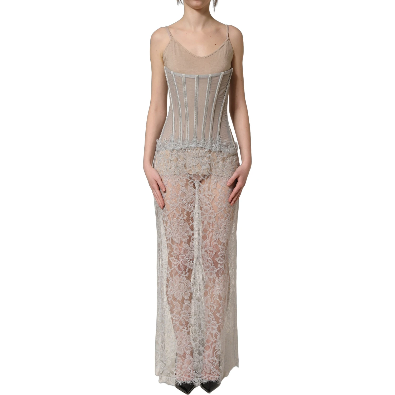 Gray Lace Corset Style Bodice Maxi Dress