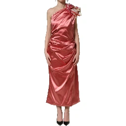 Pink Draped Midi Flower Appliques Dress